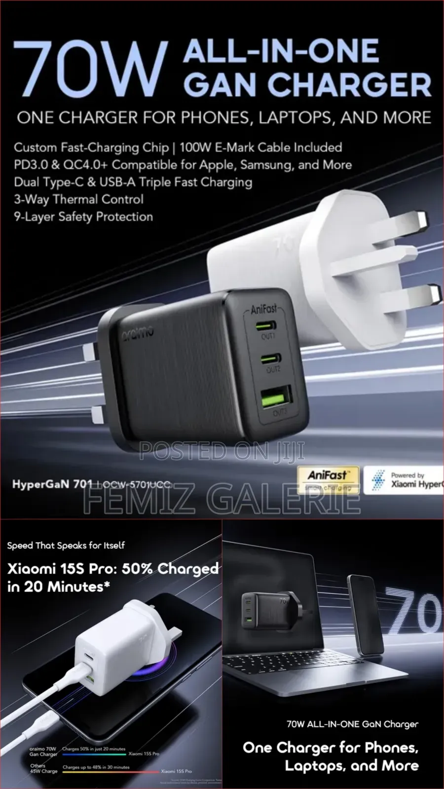 Oraimo HyperGaN 70W GaN Fast Charger With 3 Ports