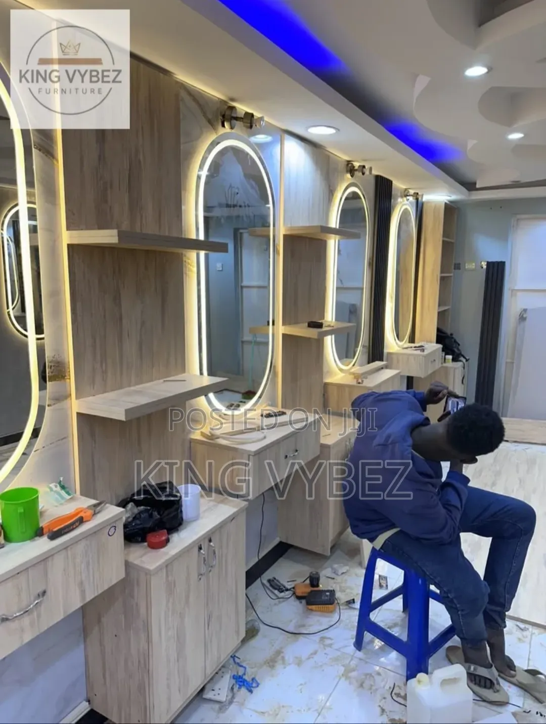 Luxury Barber Shop & Salon Interior Setup With LED Mirrors - Accra