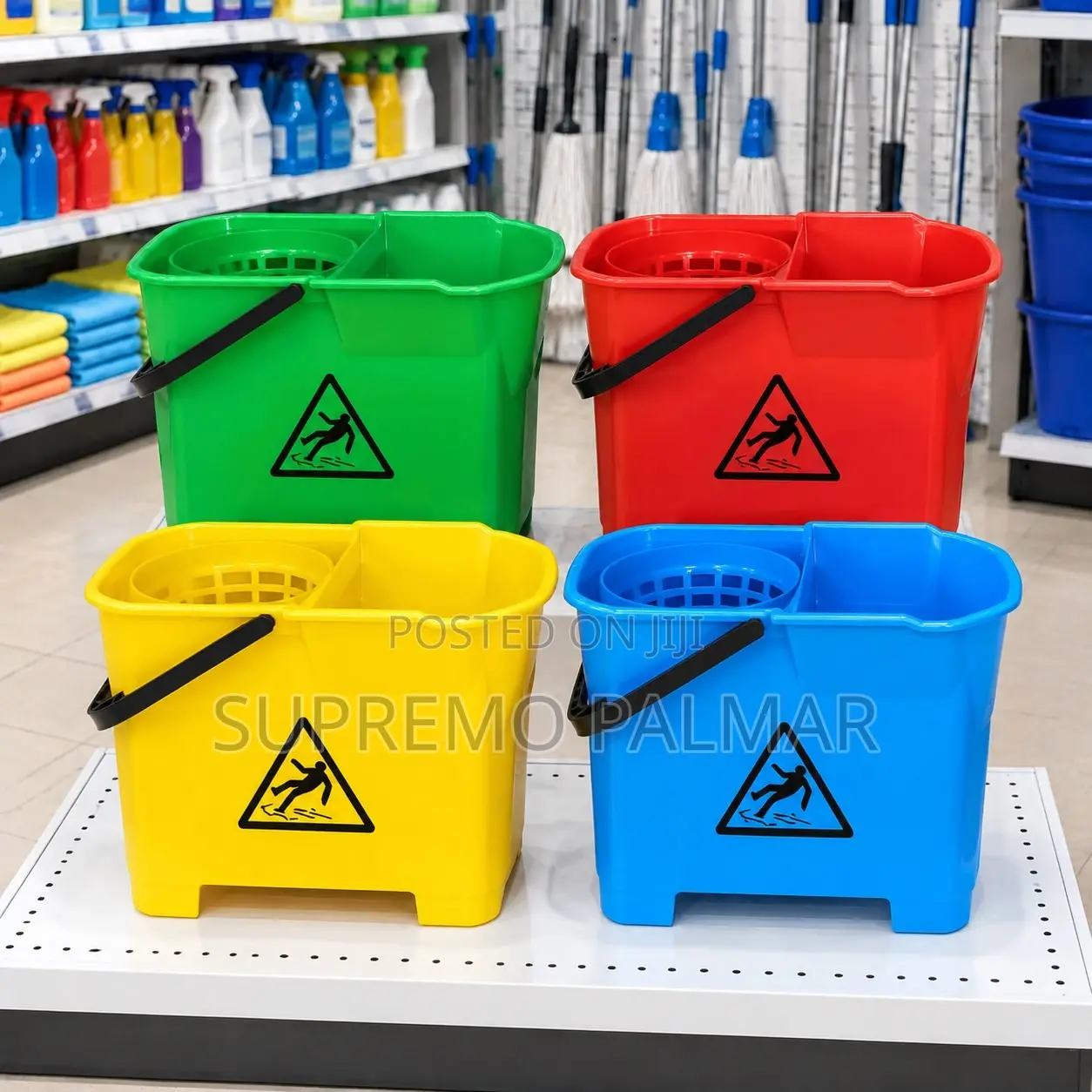 14L Plastic Mop Bucket With Wringer, Handle & Wet Floor Warning