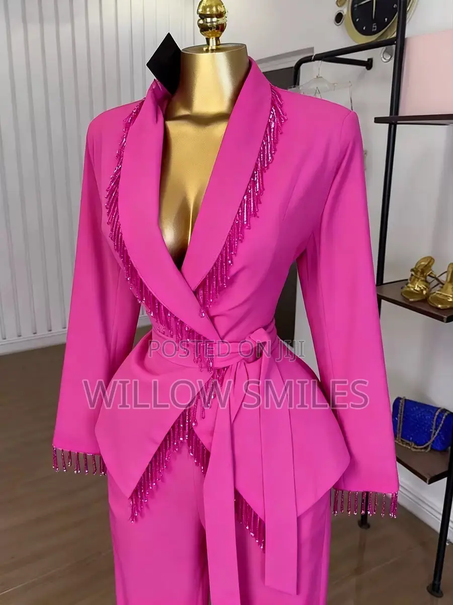 Elegant Beaded Ladies Blazer Suit With Trousers and Belt