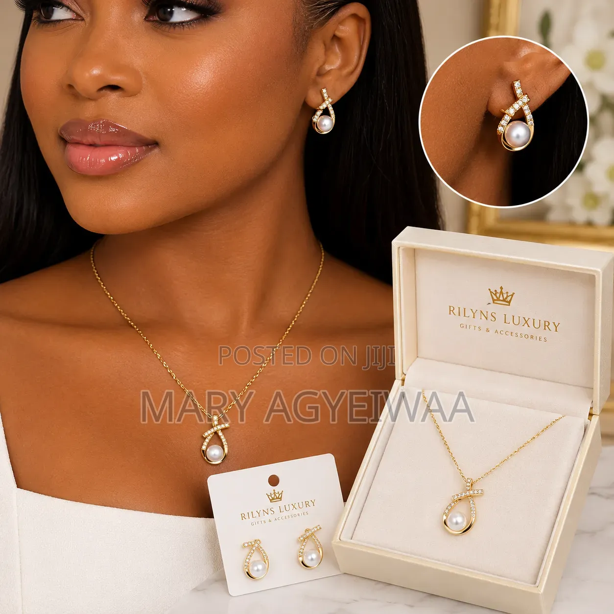 Gold-Tone Pearl Necklace & Matching Earrings – Elegant Jewelry Set