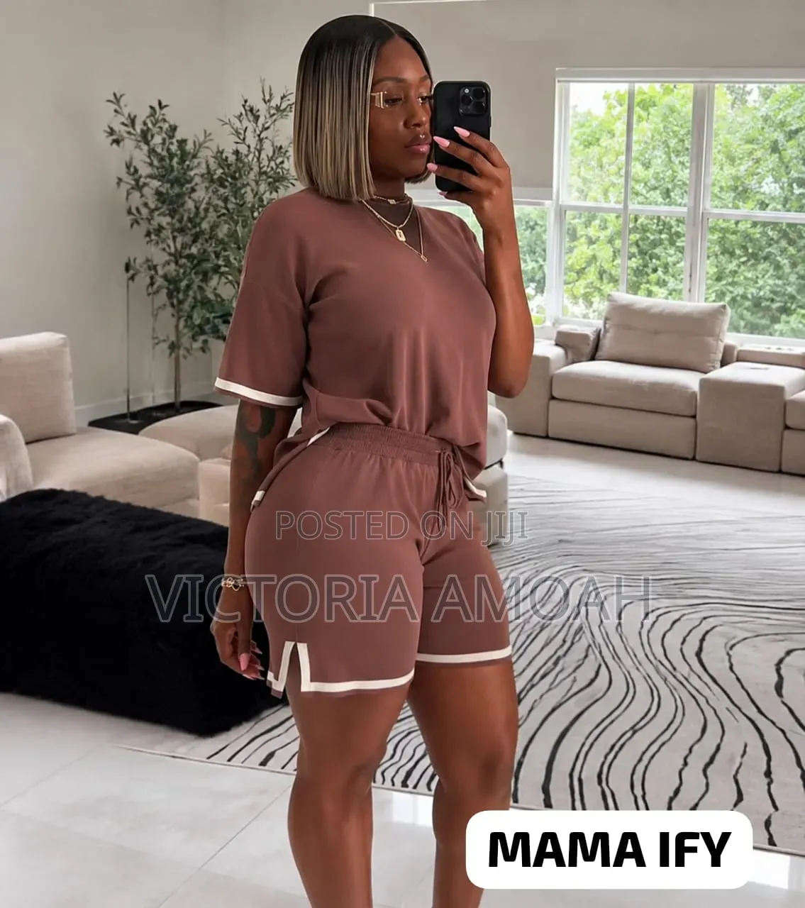 A Woman Wearing of Two -Piece Short Set