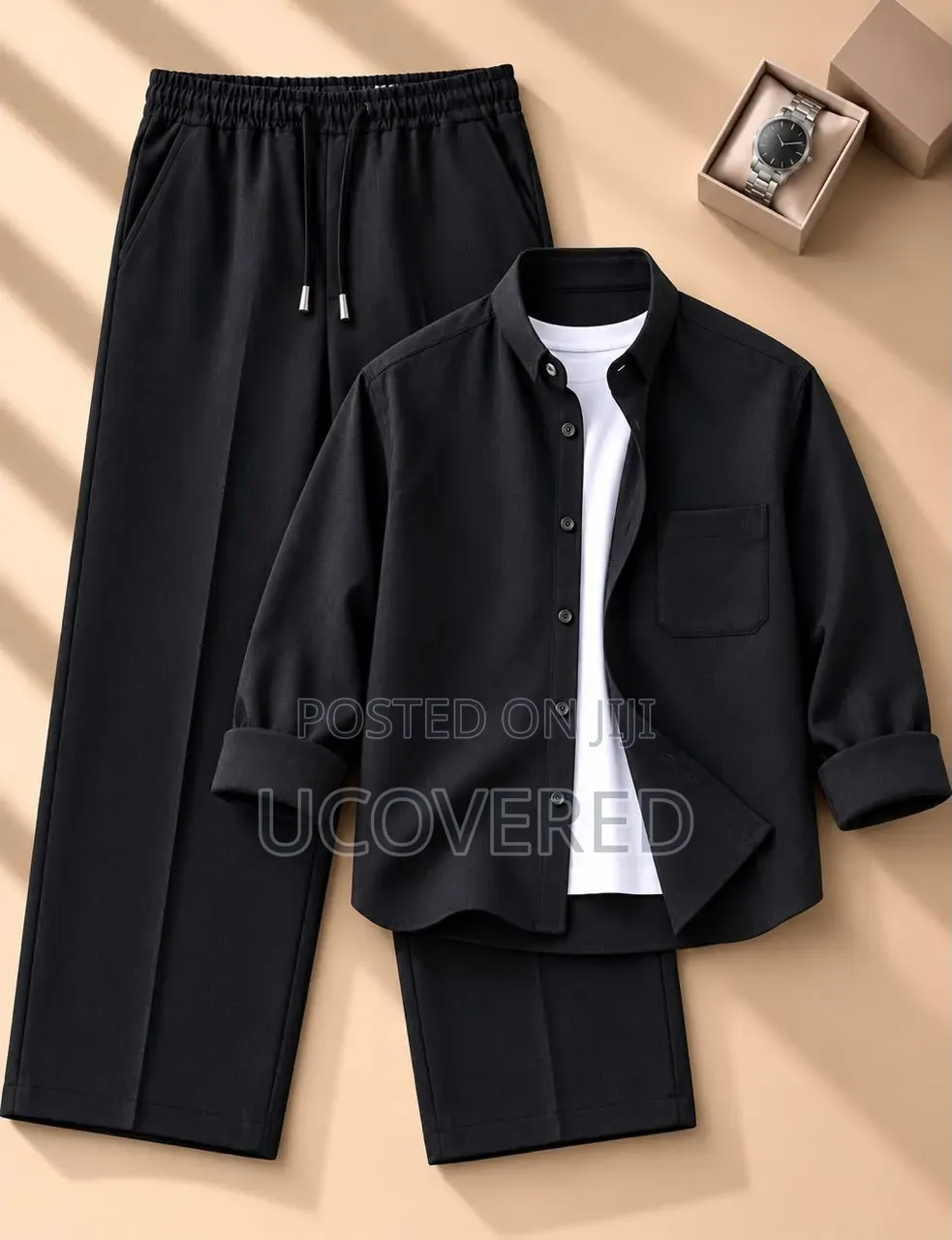 Men's Casual Long-Sleeve Shirt and Matching Loose-Fitting Trouser Set