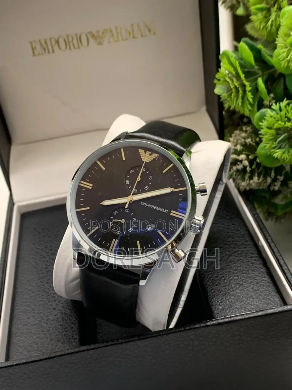 Armani Chronograph Leather Watch – Black Leather Strap Watch for Men