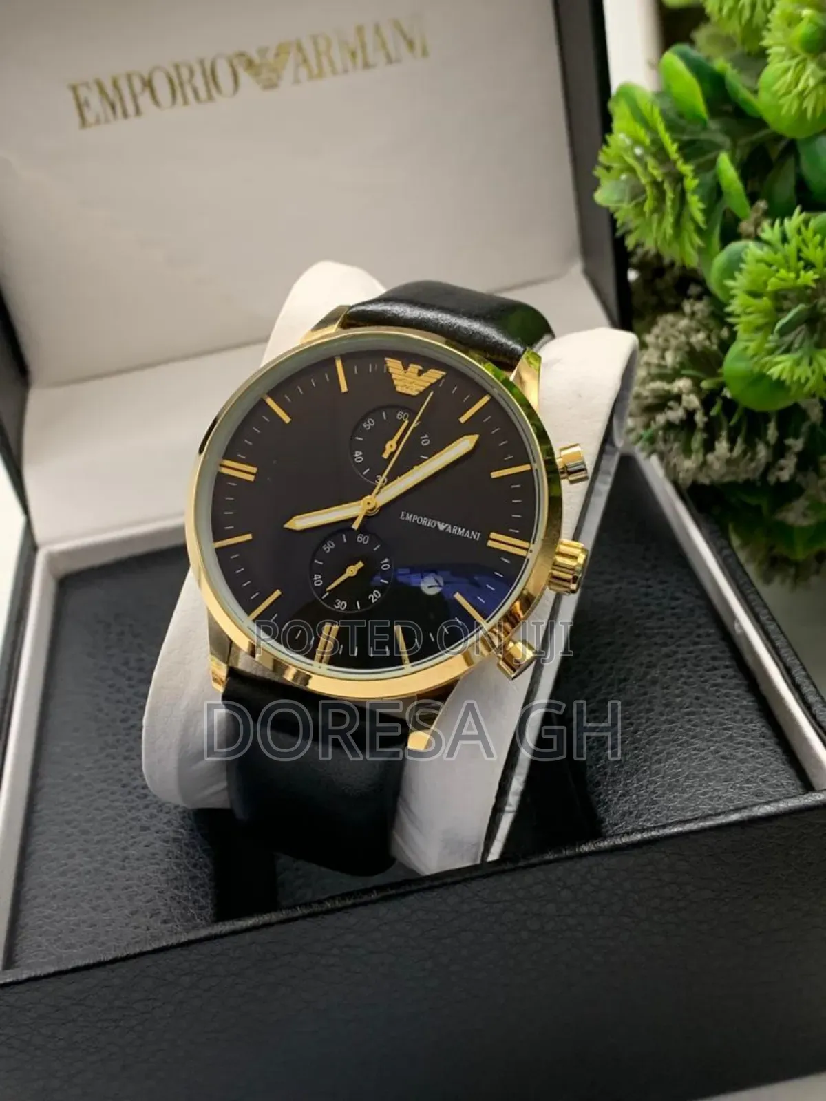 Armani Chronograph Leather Watch – Black Leather Strap Watch for Men