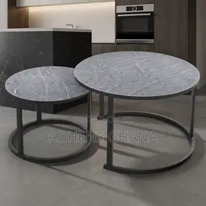 Nested Coffee Table Set - Round Marble Effect Tops, Black Metal Frame
