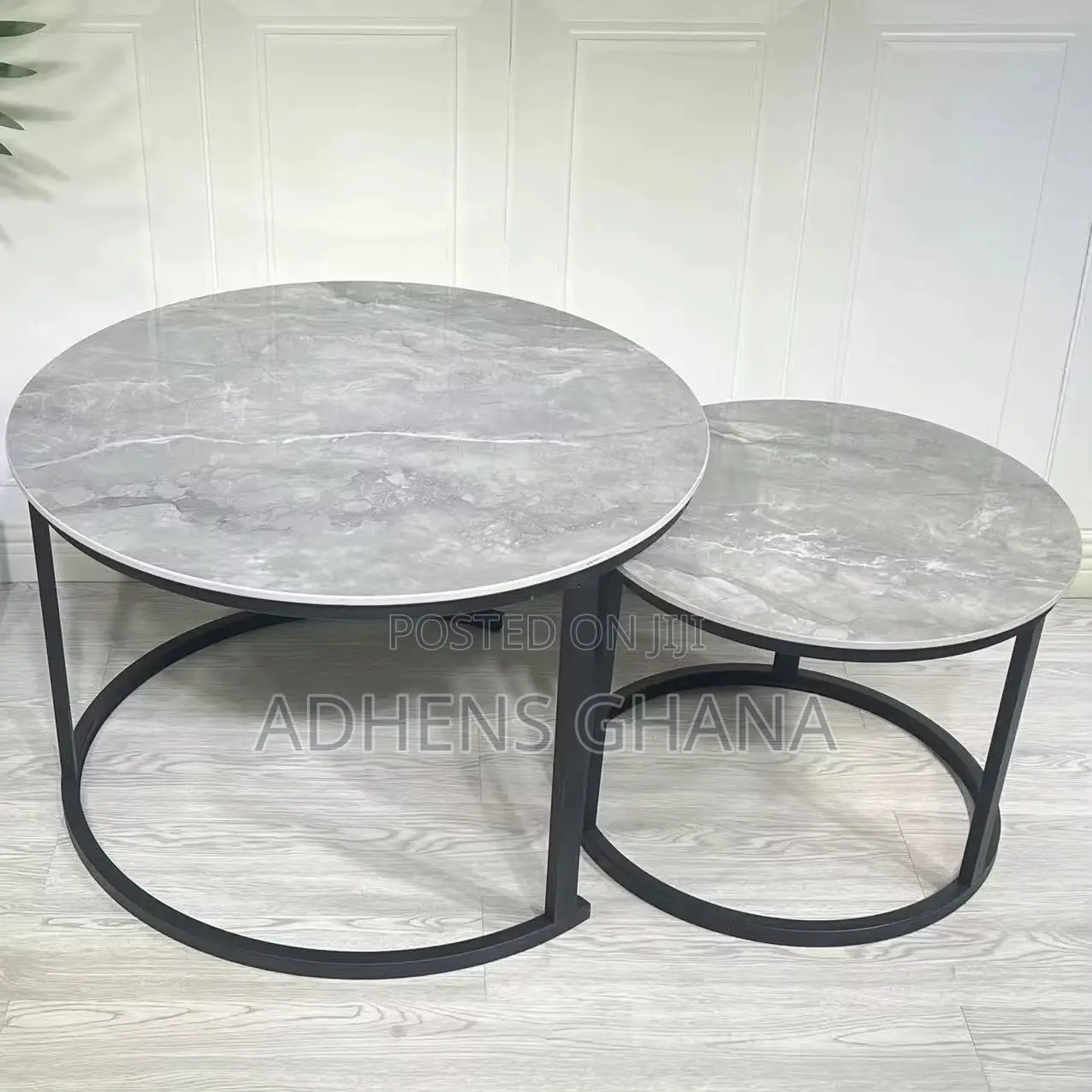 Nested Coffee Table Set - Round Marble Effect Tops, Black Metal Frame