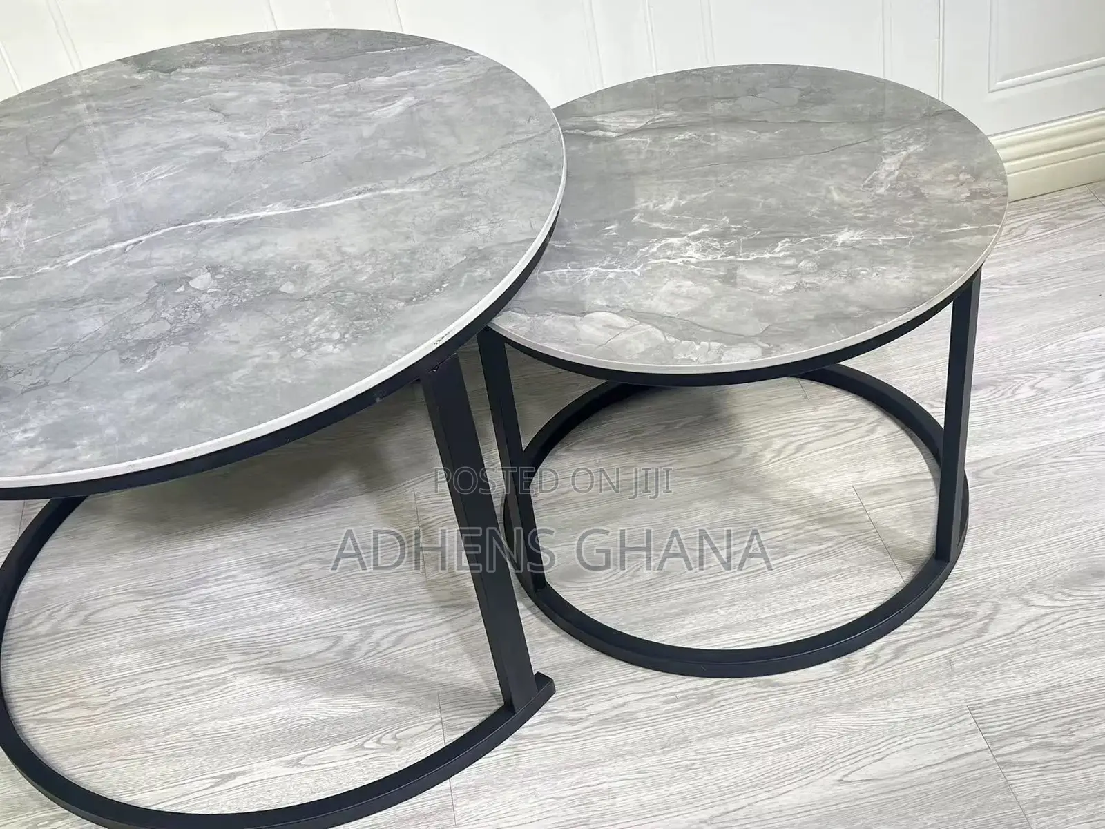 Nested Coffee Table Set - Round Marble Effect Tops, Black Metal Frame