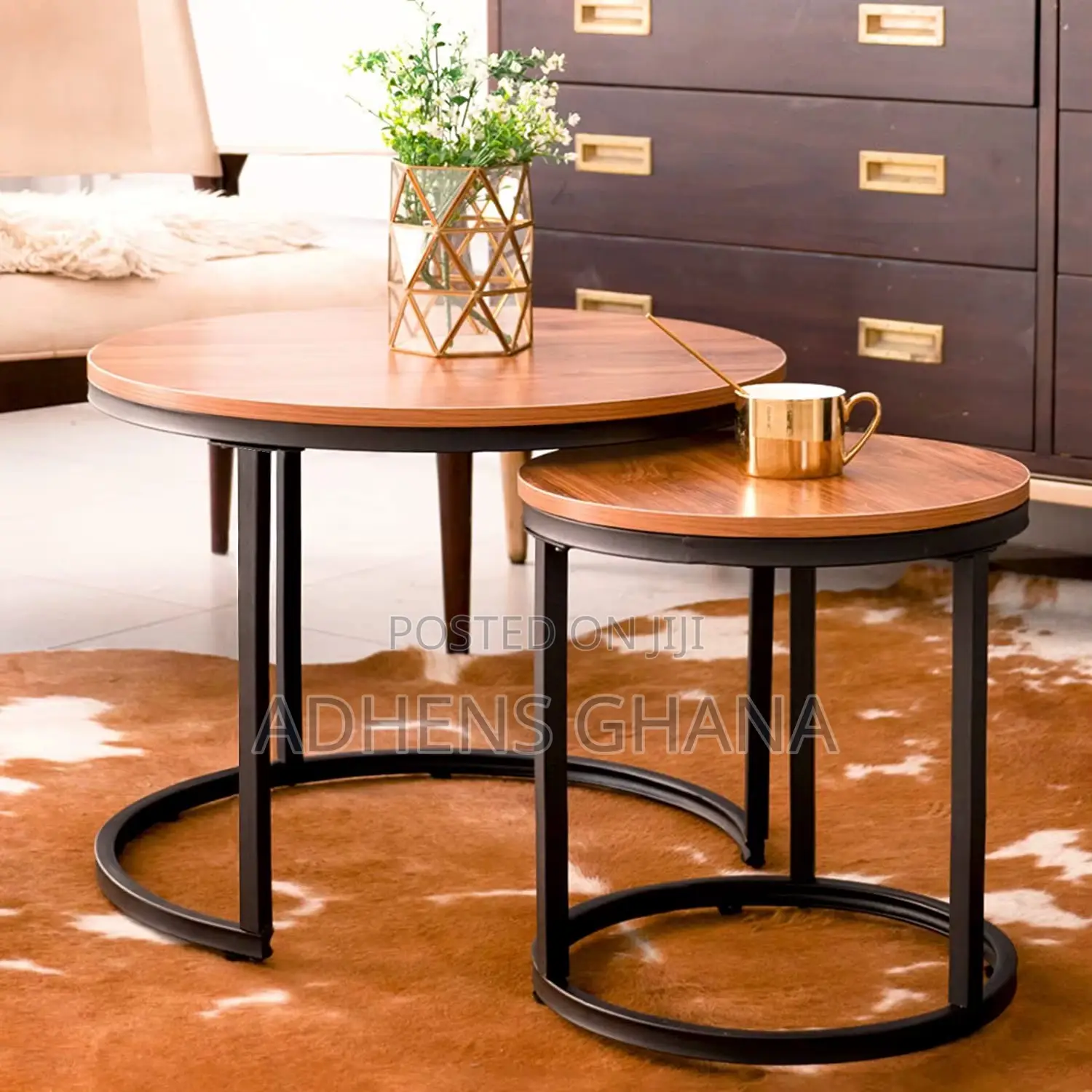 Nested Coffee Table Set - Round Marble Effect Tops, Black Metal Frame