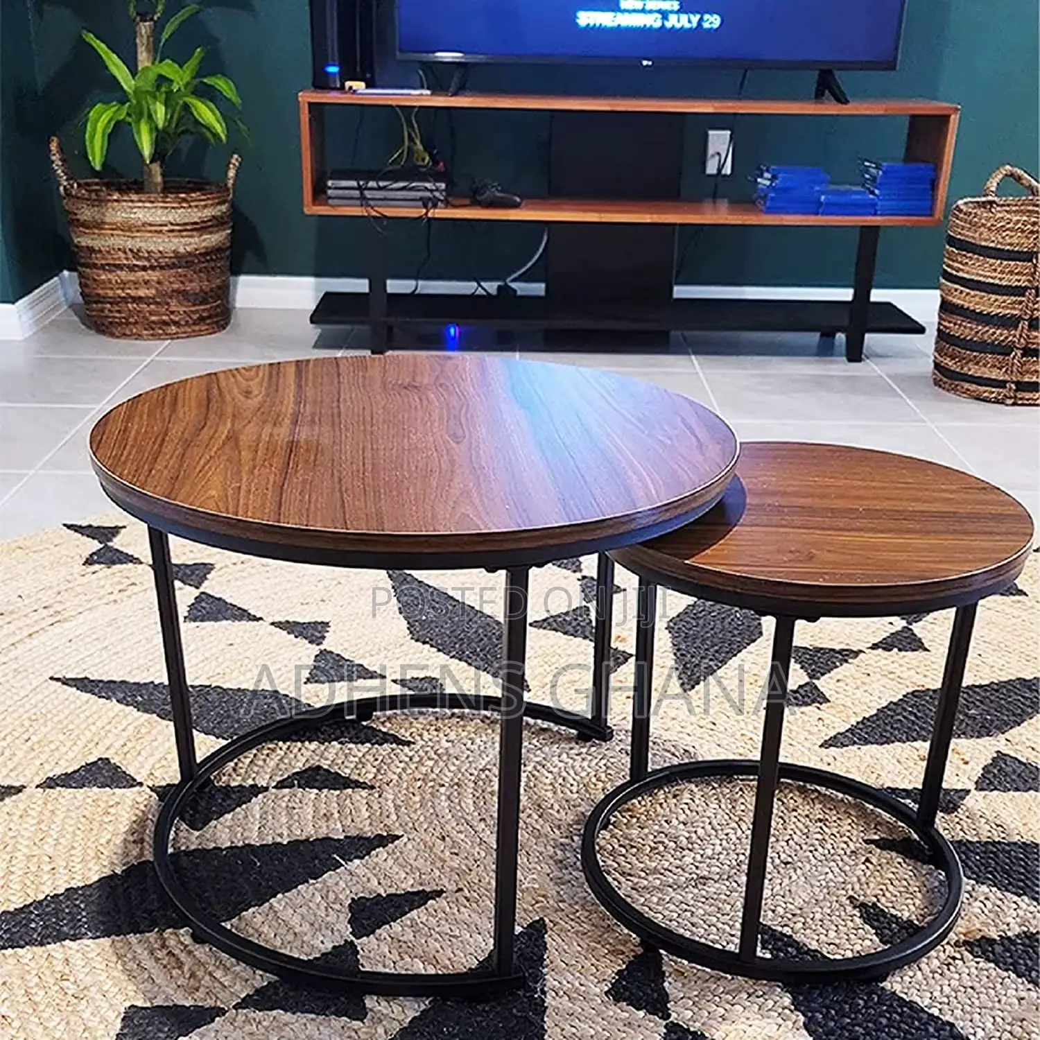 Nested Coffee Table Set - Round Marble Effect Tops, Black Metal Frame